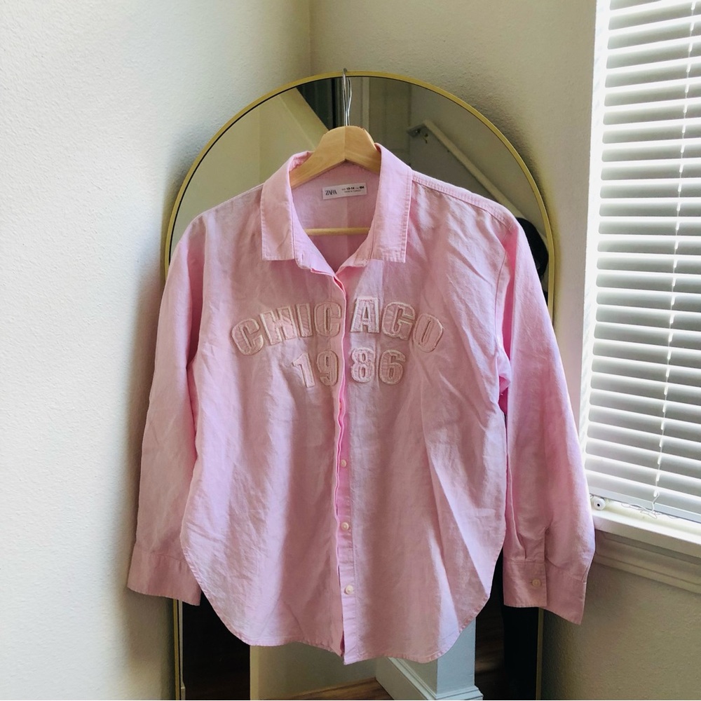 Zara Kids Girl’s Long Sleeve Pink Button Down Shirt Chicago 1986 Embroidered
